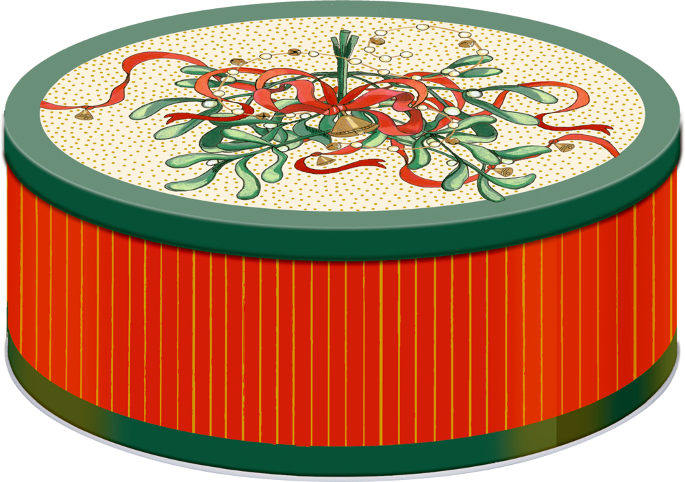 Ovale Dose mit grünem Rand, rotem Streifendekor und Deckelmotiv aus Mistelzweigen, rotem Band und kleinen goldenen Punkten.