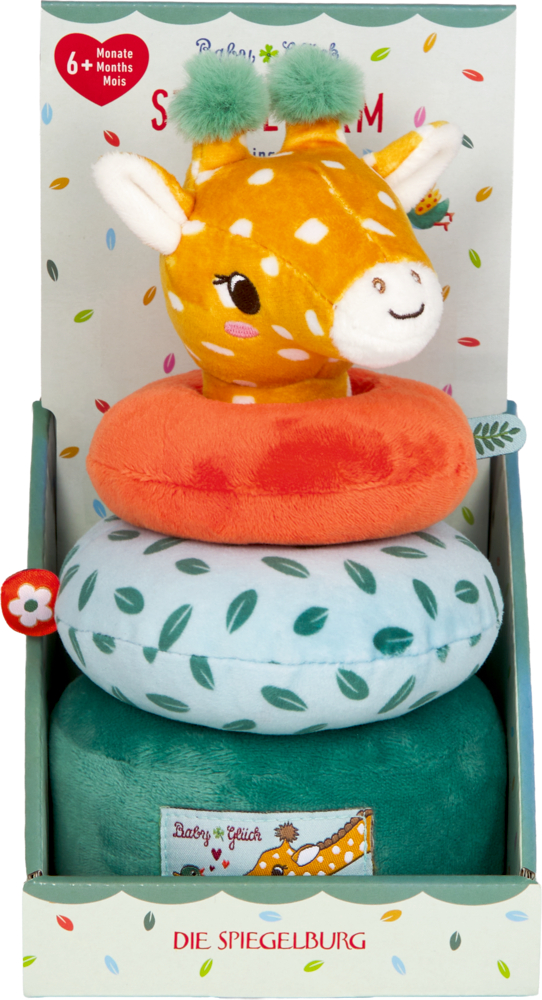 Plüsch Stapelspielzeug mit Giraffenkopf oben, in bunter Verpackung für Babys ab 6 Monaten gezeigt.