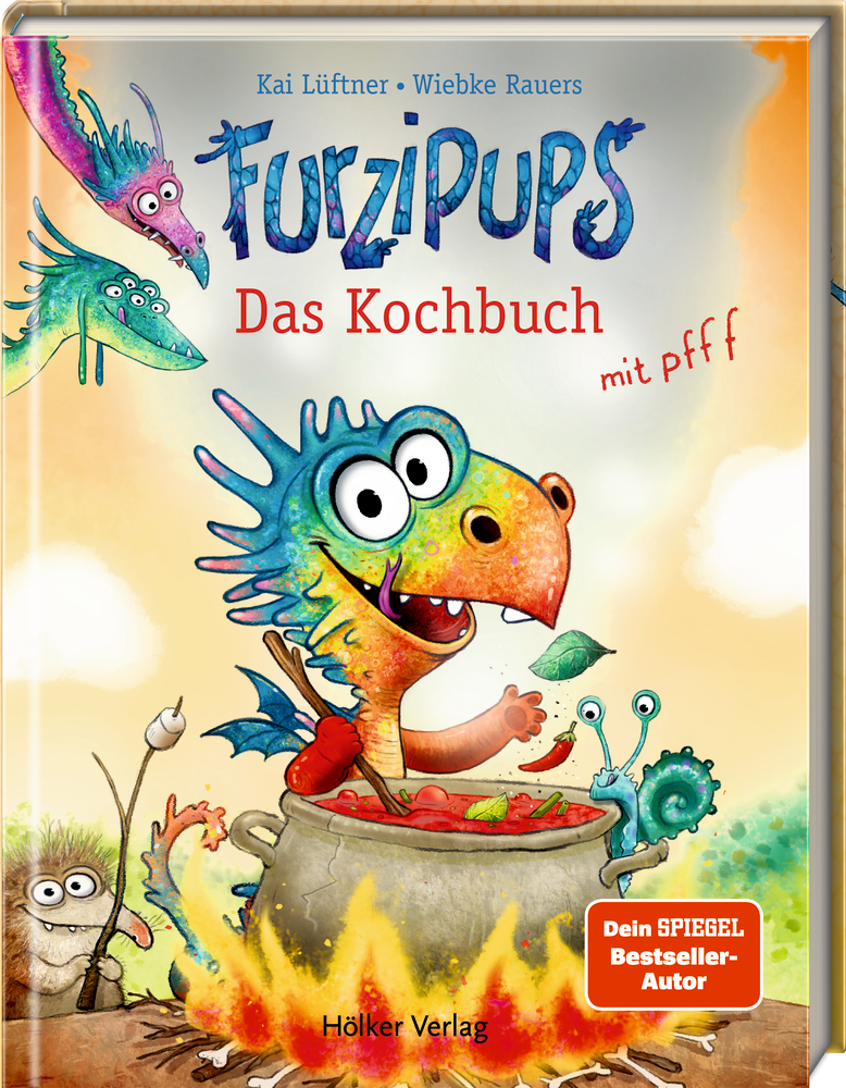 Furzipups – Das Kochbuch mit pfff Bunter Drache rührt lachend in einem Kochtopf mit scharfer Supper. Daneben verspielte, drachenartige Kreaturen und Text.