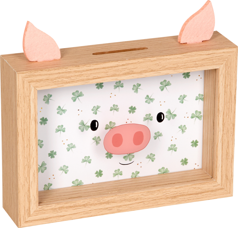 Sparschwein-Bilderrahmen - Viel Glück Sparschwein aus Holz in Form eines Bilderrahmens mit rosa Filzohren, aufgedrucktem Schweinegesicht vorne und Kleeblatt-Hintergrund im Inneren.
