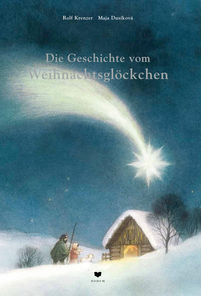 Die Geschichte vom Weihnachtsglöckchen Ein heller Stern leuchtet über einer verschneiten Weihnachtskrippe mit Hirten und einem kleinen Stall.