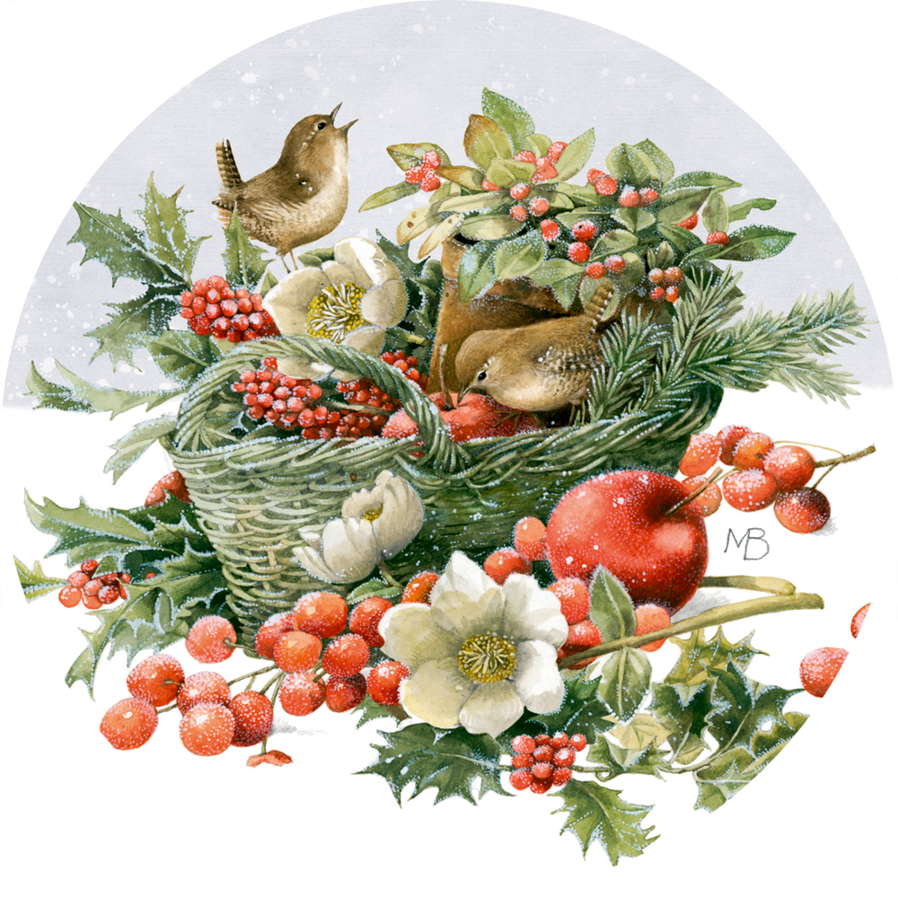 Rundes Puzzle mit einem festlichen Korb voller Vögel, roter Beeren, Grünpflanzen und weißer Blumen vor einer verschneiten Winterlandschaft.
