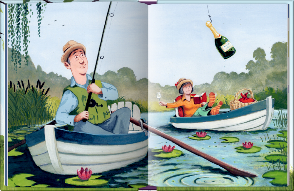 Ein Mann angelt im Boot, während eine Frau im Nachbarboot ein Picknick macht, auf einer Doppelseite mit Text.
