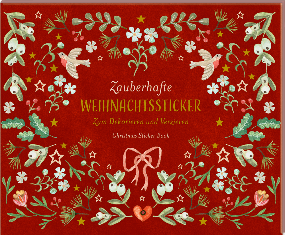 Roter Einband mit weihnachtlichen Blumen, Vögeln und Sternen; deutsche und englische Titel in der Mitte.