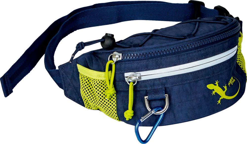 Gürteltasche Nature Zoom Marineblaue Gürteltasche mit Reißverschlüssen, gelben Netztaschen, einem Eidechsenmotiv und blauem Karabiner.