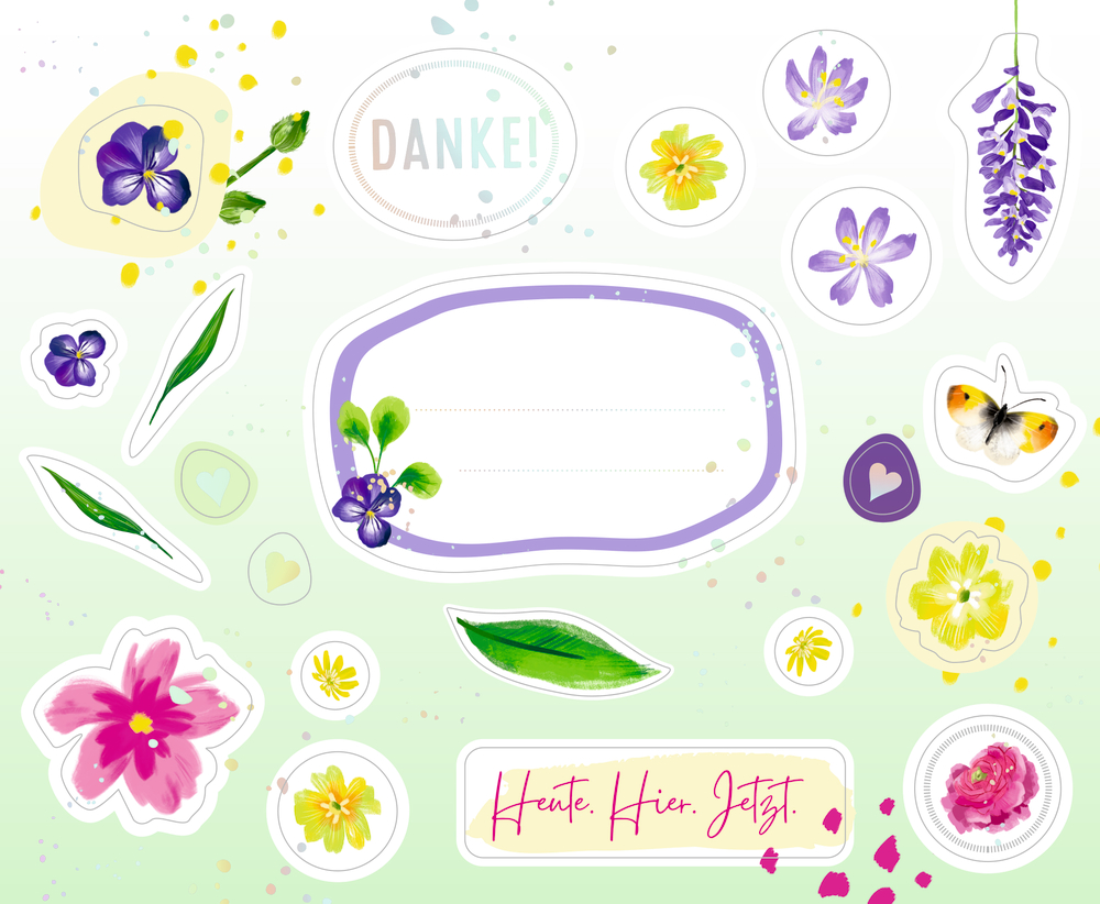 Bunte Blumenaufkleber, Herzen, Blätter und „Danke!“ auf hellem Untergrund mit Farbspritzern.