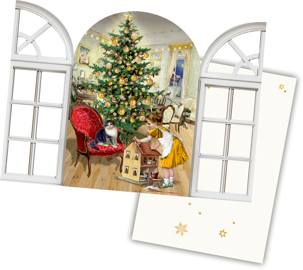 Mädchen und Katze bei einem Puppenhaus neben einem geschmückten Weihnachtsbaum, durch offene Fensterrahmen betrachtet.