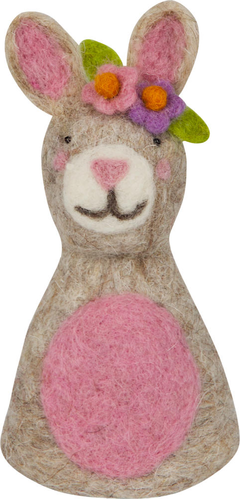 Ein Filzhase mit rosa Bauch, rosa Nase und einem Blumenkranz aus orangefarbenen und lilafarbenen Blumen.