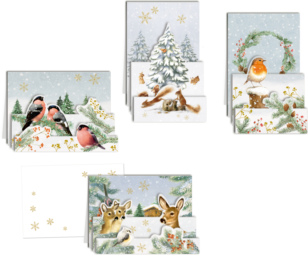 Set mit 5 festlichen Karten mit winterlichen Tierszenen – Vögel, Hirsche, Füchse und schneebedeckte Bäume.