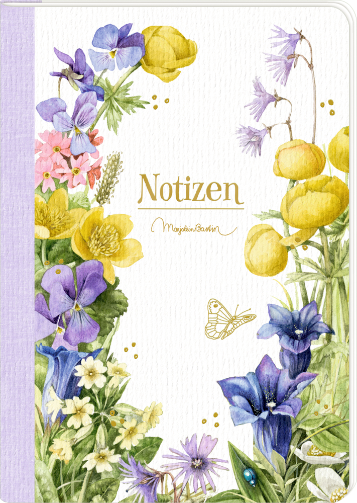 Notizheft DIN A5 GartenLiebe - M. Bastin Cover eines Notizbuchs mit leuchtenden Blumenillustrationen und der goldenen Aufschrift "Notizen"