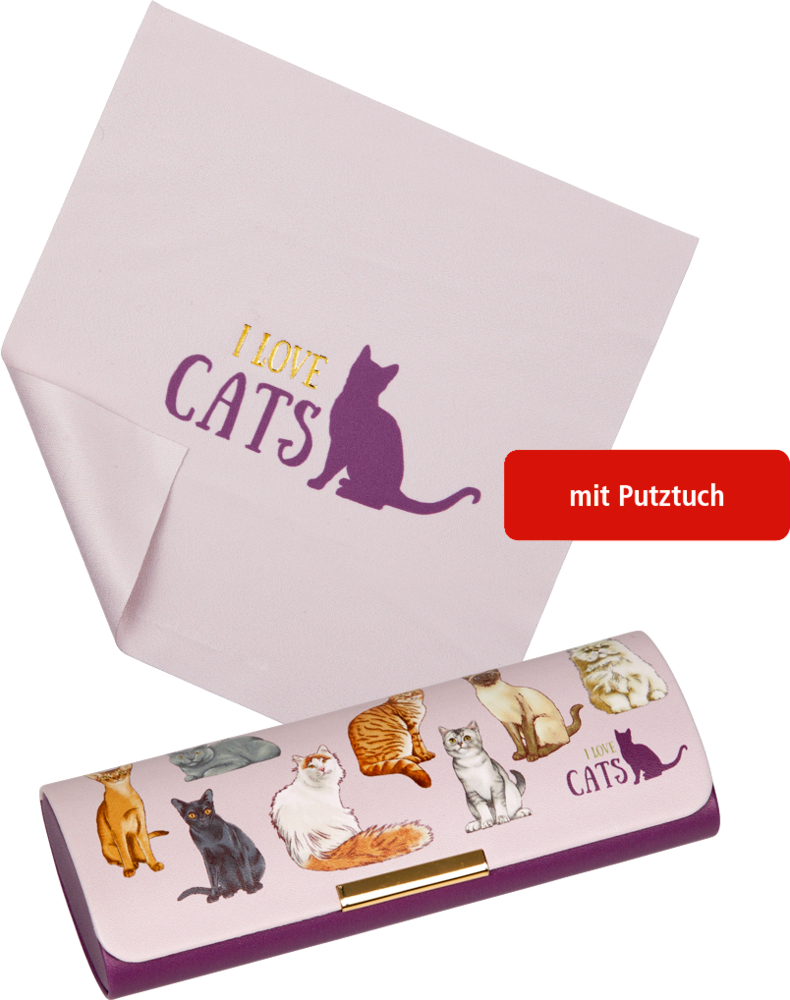 Brillenetui mit Putztuch Katzen - I love cats & dogs Rosa Brillenetui mit Katzenillustrationen und dem Text „I Love Cats“, gepaart mit einem passenden Reinigungstuch.