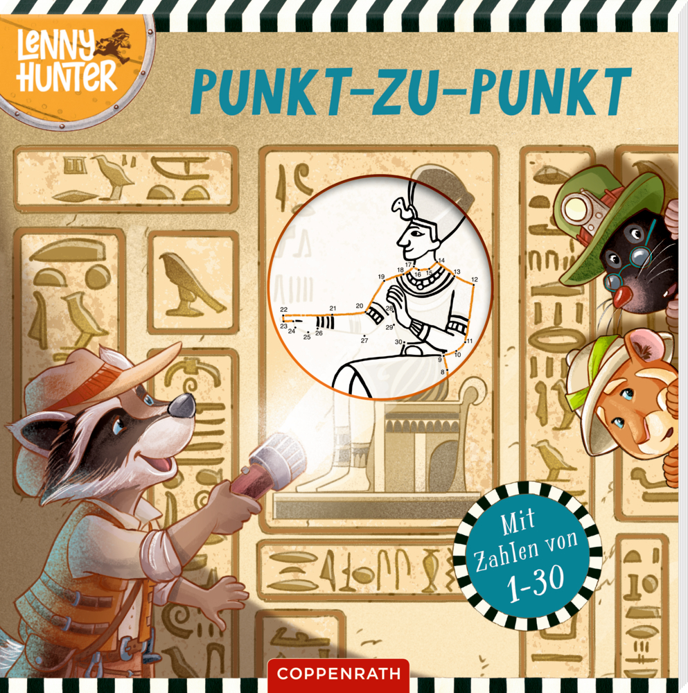 Punkt zu Punkt-Rätsel (Lenny Hunter) Ein Waschbärforscher lässt ägyptische Hieroglyphen aufleuchten, während andere Tiere zuschauen.