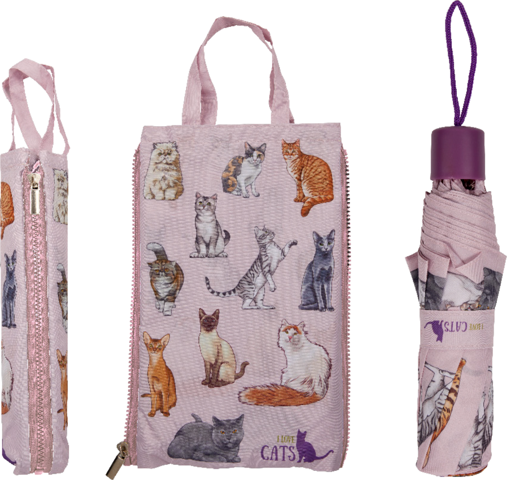 Rosafarbenes Taschen- und Regenschirmset mit verschiedenen auf den Stoff gedruckten Katzenbildern.