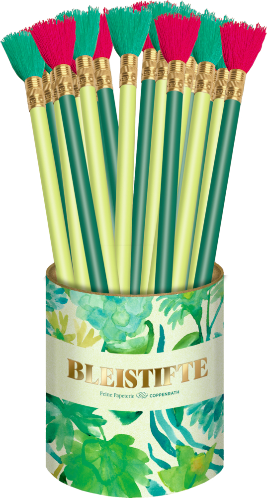 Eine Dose mit Blumenmuster und dem Aufdruck Bleistifte enthält mehrere Stifte, die wie Pinsel aussehen.