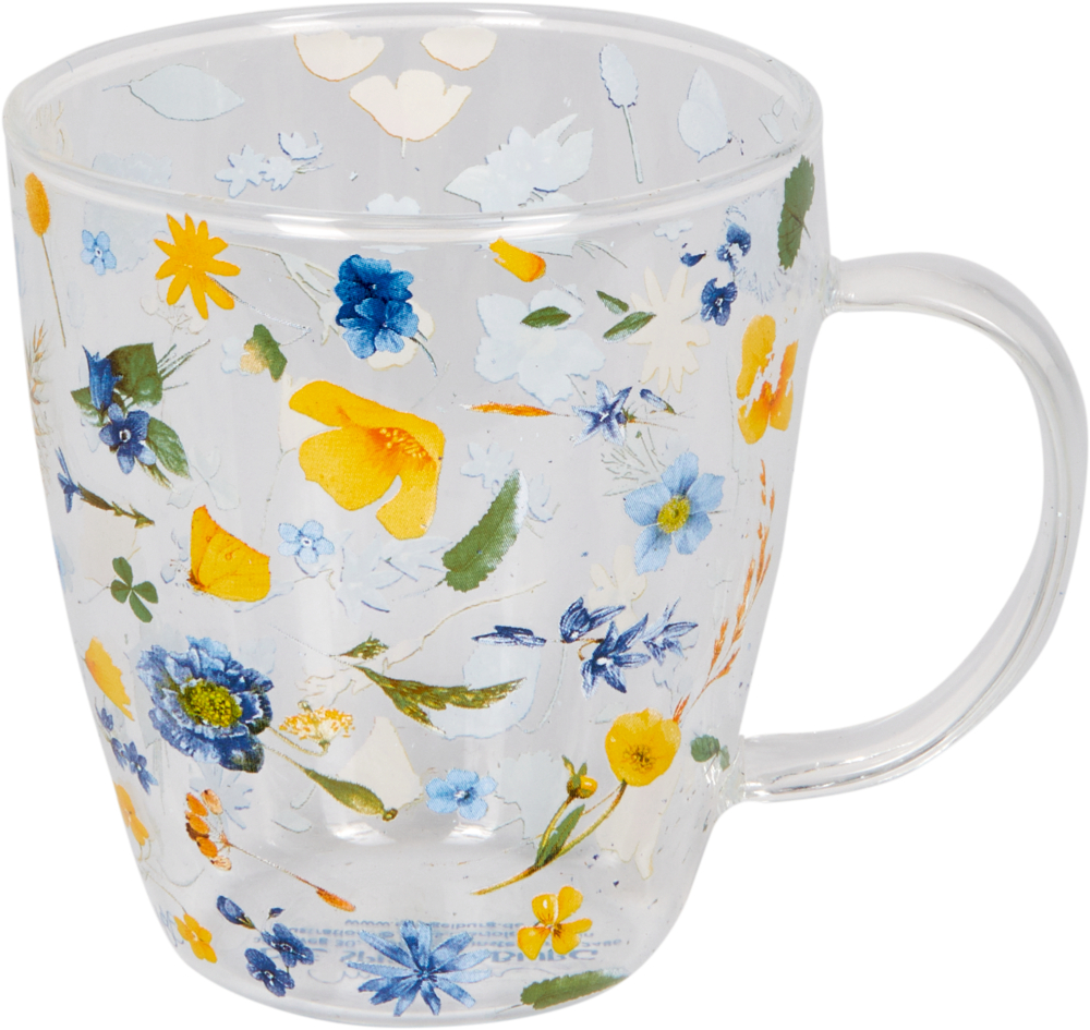 Teeglas Natur pur - M. Bastin  Klarer Glasbecher mit gelben, blauen und orangefarbenen Blumen und grünen Blättern.