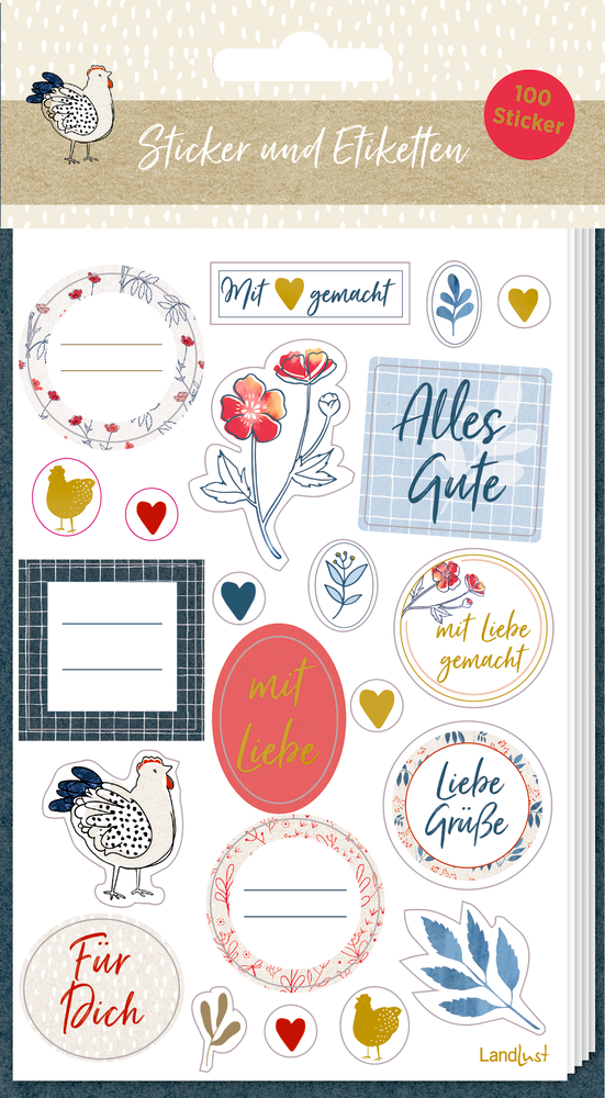 Stickerbogen: Sticker und Etiketten (LandLust) Bunter Stickerbogen mit Blumen, Herzen, Hühnern und Sprüchen auf verschiedenen gemusterten Hintergründen.