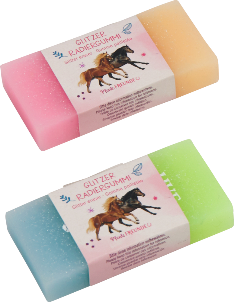 Zwei rechteckige Glitter-Radiergummis, einer pink-orange, einer blau-grün, beide mit Pferde-Motiven auf der Banderole.