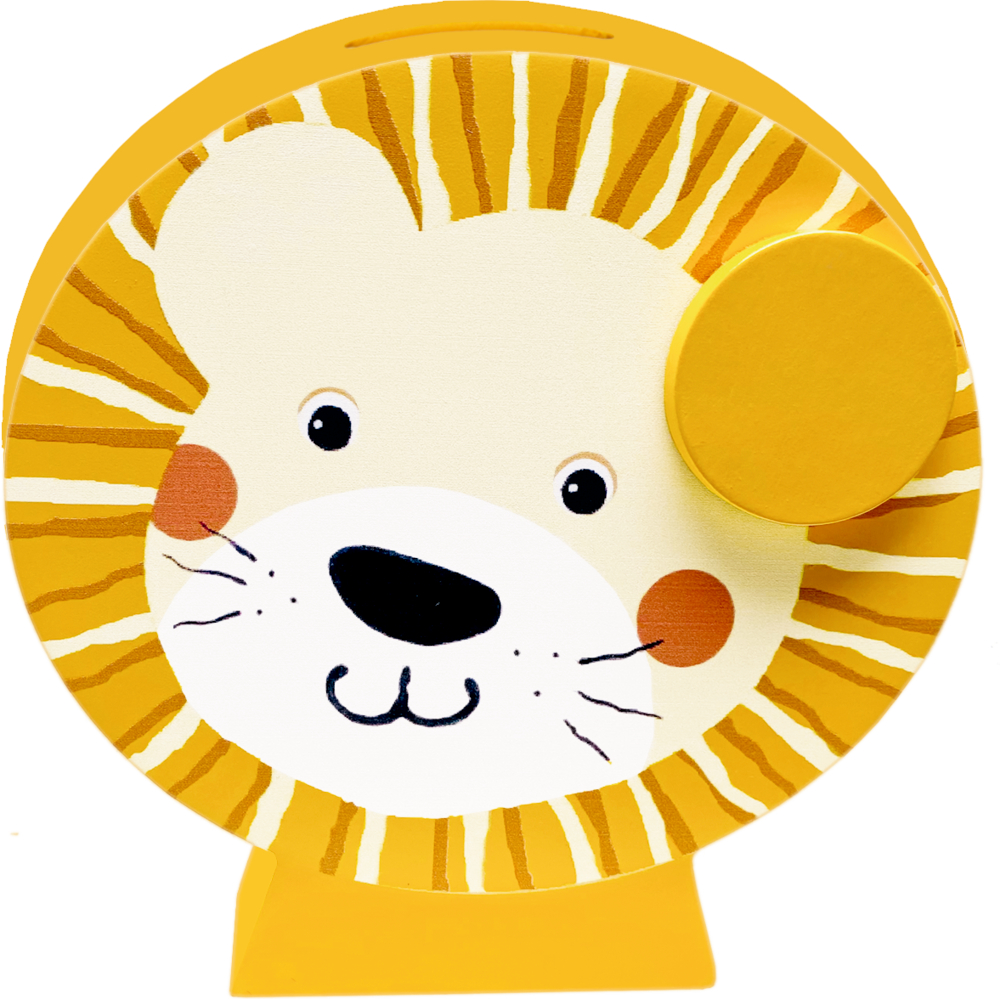 Wunscherfüller-Spardose: Spardose in Löwenkopfform Fröhliches gelbes Löwengesicht mit orangefarbener Mähne, abgebildet auf einem gelben Ständer.