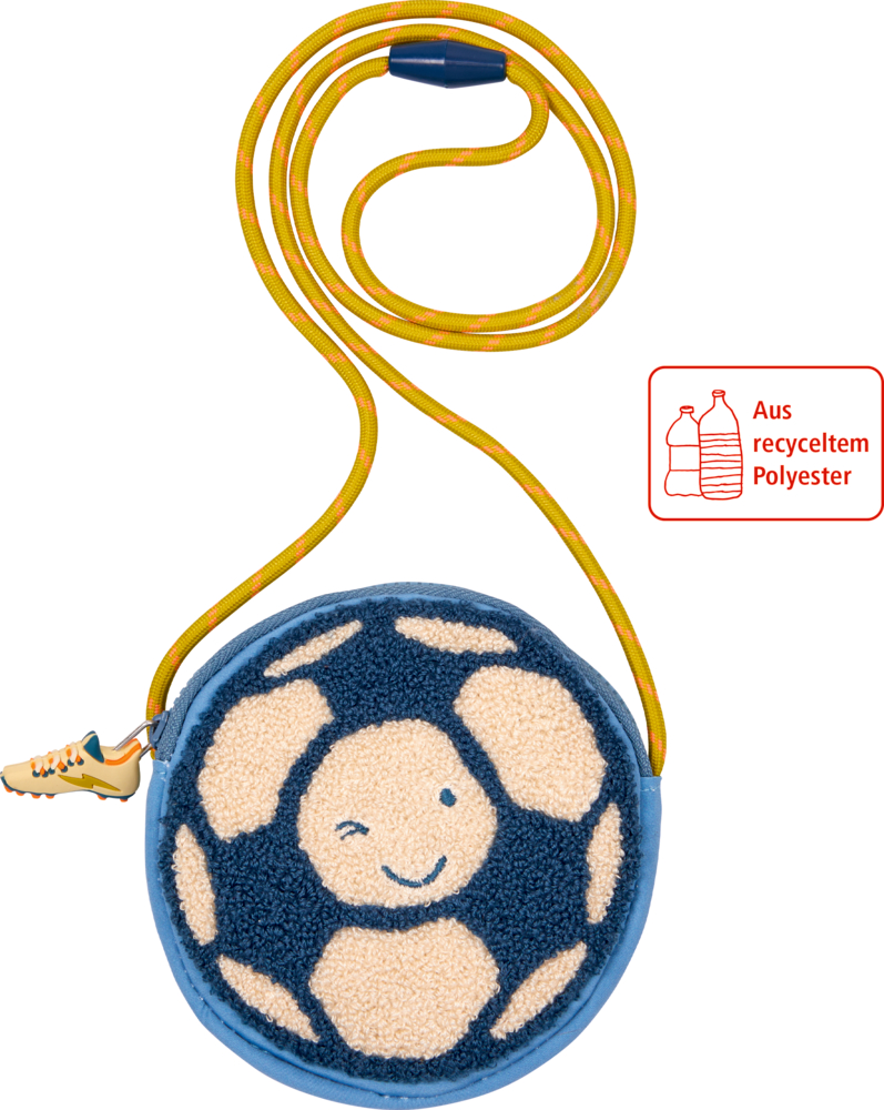 Runder Fußballbeutel mit zwinkerndem Gesicht und Fußball-Design, gelber Riemen. Hergestellt aus recyceltem Polyester.