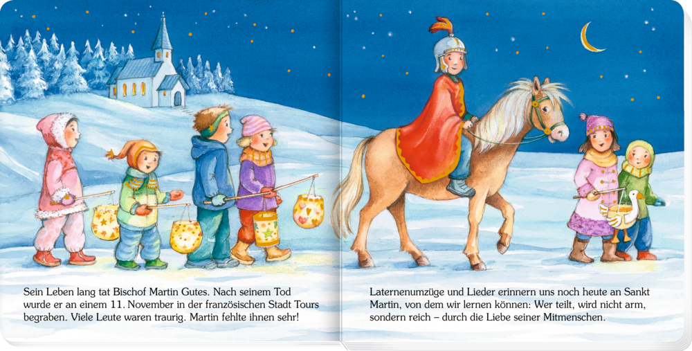 Kinder mit Laternen und eine Frau auf einem Pferd ziehen durch ein verschneites Dorf unter sternklarem Nachthimmel, auf einer Doppelseite mit Text.