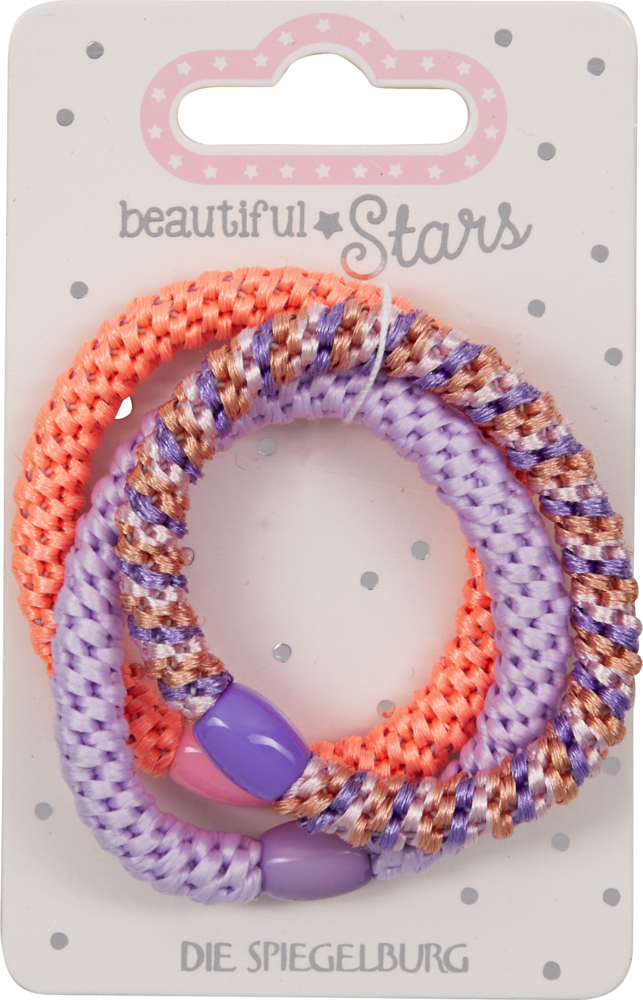 Drei Haargummis, eines rosa mit Gold, eines orange, eines rosa, alle mit ovaler Perle.