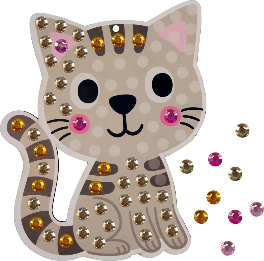 Cartoon-Katze mit Punkten und bunten Glitzerstein-Aufklebern auf dem Körper, weitere Glitzersteine liegen daneben.