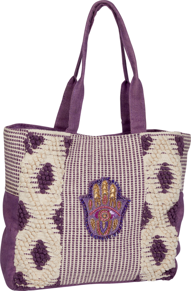 Große Tasche Hamsa Hand - Lieblingsstücke Lila und cremefarbene gewebte Einkaufstasche mit zentralem Hamsa-Hand-Design und zwei Schulterriemen.