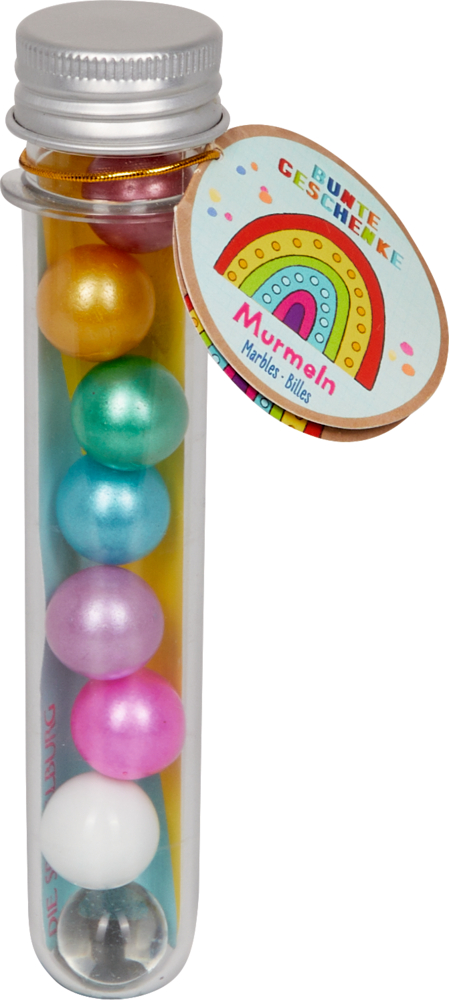 Murmeln Regenbogen - Bunte Geschenke durchsichtige Röhre mit bunten Murmeln, versiegelt mit einer Metallkappe und einem Regenbogenetikett.