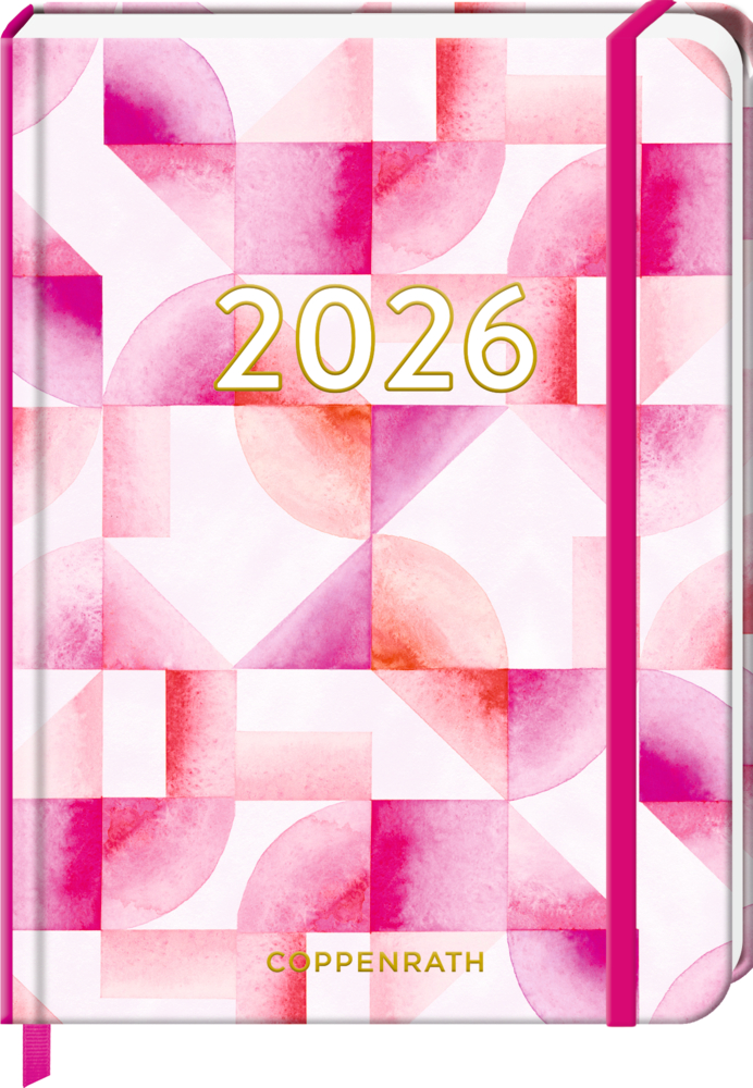 Kleiner Wochenkalender: Mein Jahr 2026 Mosaik (All about pink) Planer 2026 mit rosa geometrischem Einband, goldener Schrift und Gummibandverschluss.