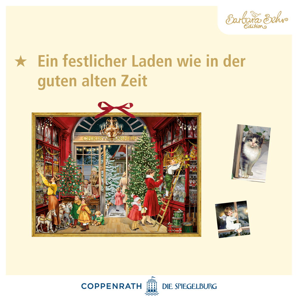Festlicher Vintage-Laden mit Weihnachtsdeko, Kindern und einer Katze; Beschreibungstext oben.