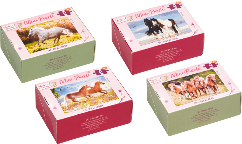 Mini-Puzzle Pferde - Pferdefreunde Vier Mini-Puzzles, jedes mit einem Pferd in einer anderen natürlichen Außenszene.