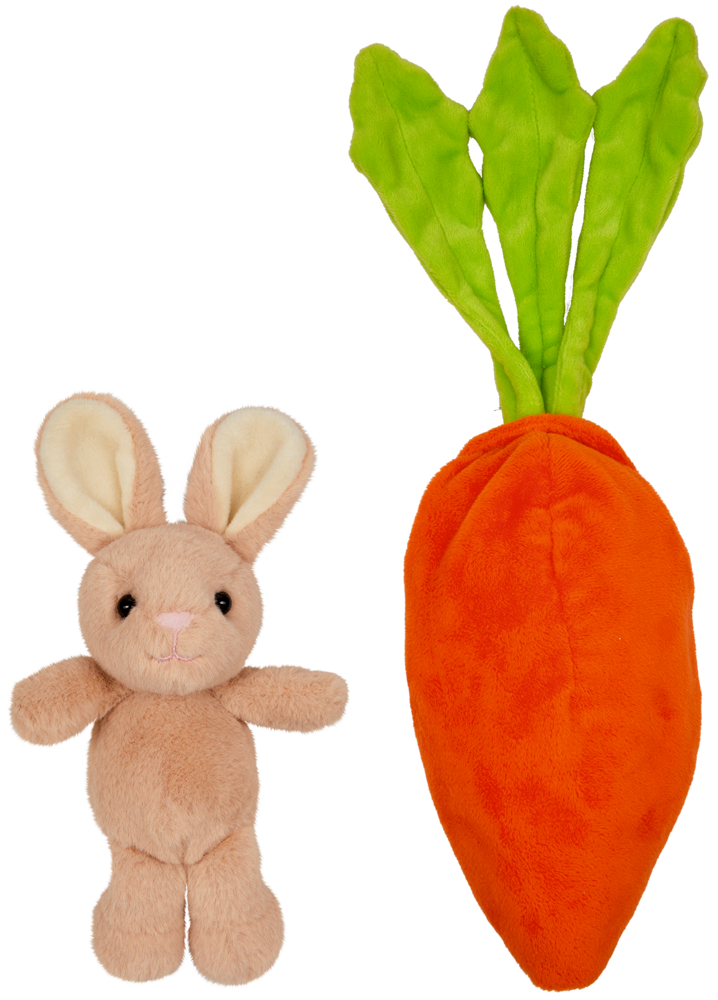 Plüschhasenspielzeug neben einer großen Plüschkarotte mit grünen Blättern.