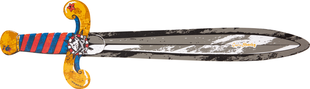 Piratenschwert - Capt'n Sharky Spielzeug-Piratenschwert: gold-blau gestreifter Griff, Totenkopf-Emblem, silberne Klinge mit schwarzen Akzenten.