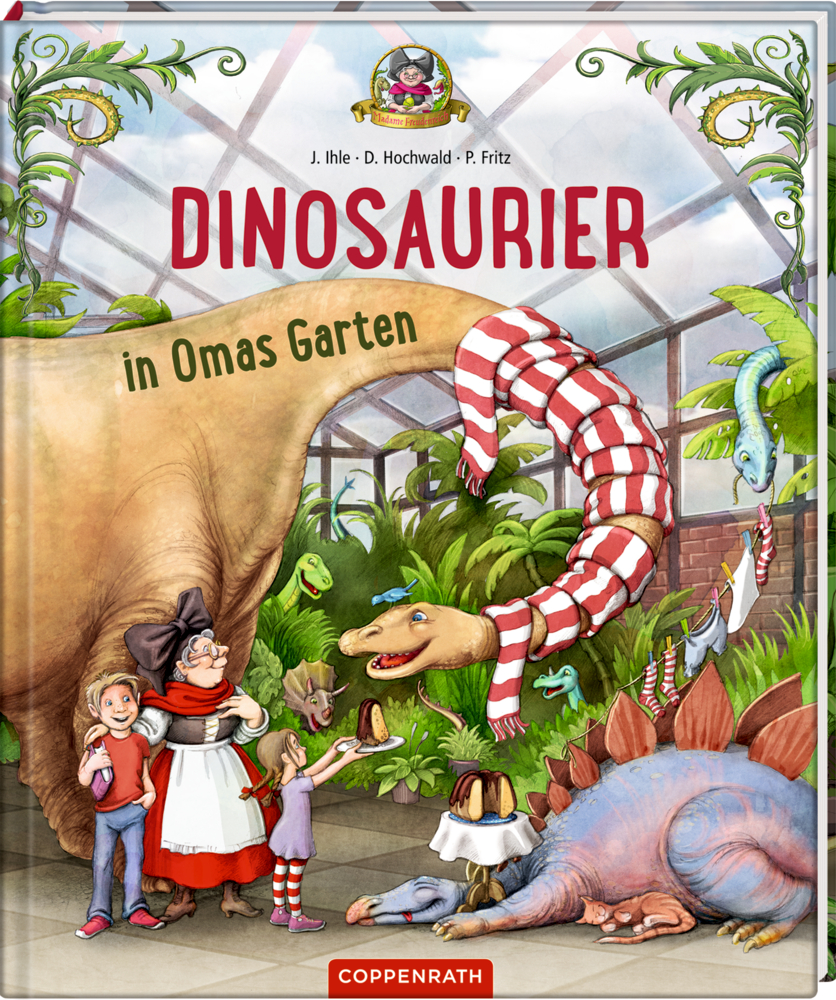 Dinosaurier in Omas Garten (Bd.1) Kinderbuchcover: Dinosaurier mit Schal, eine Oma und zwei Kinder zusammen in einem Gewächshaus.