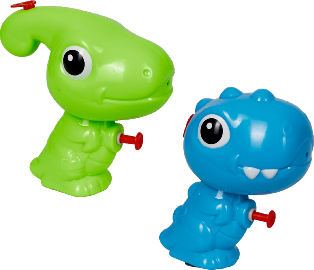 Wasserpistole Dino - Bunte Geschenke Zwei Spielzeugdinosaurier, einer grün und einer blau, mit großen Augen und rotem Knopf.