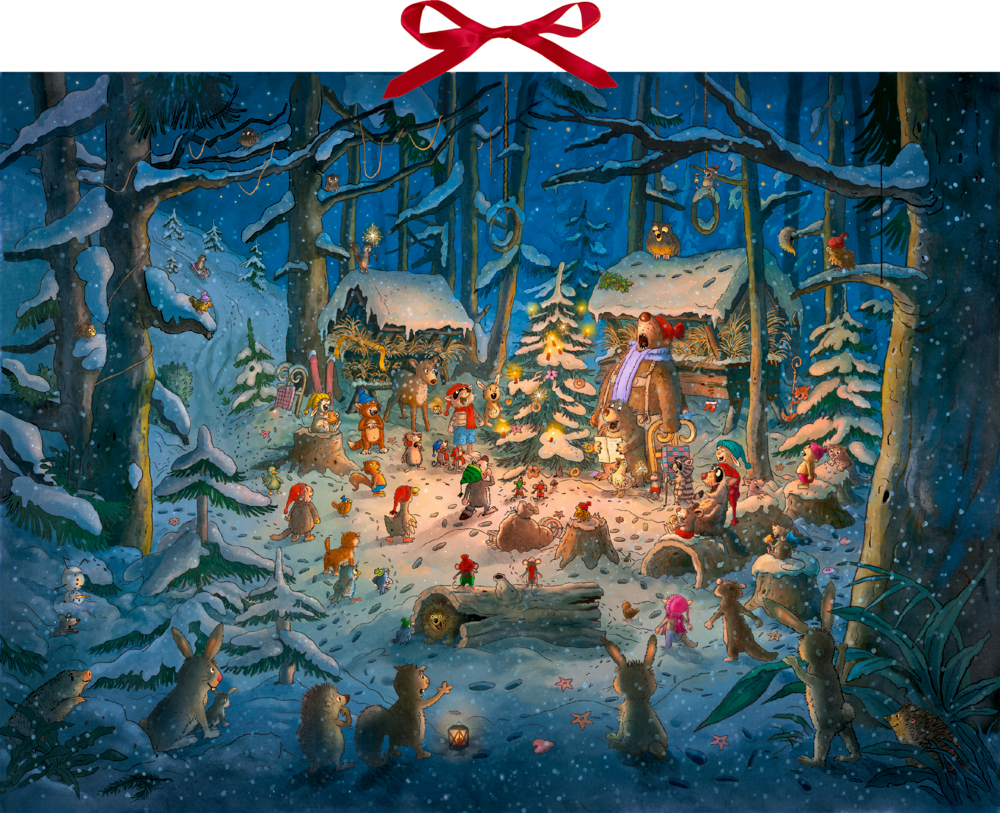 Tierischer Chor im Winterwald, Wand-Adventskalender Tiere versammeln sich im verschneiten Wald um Hütten und feiern festlich im Schein leuchtender Laternen.