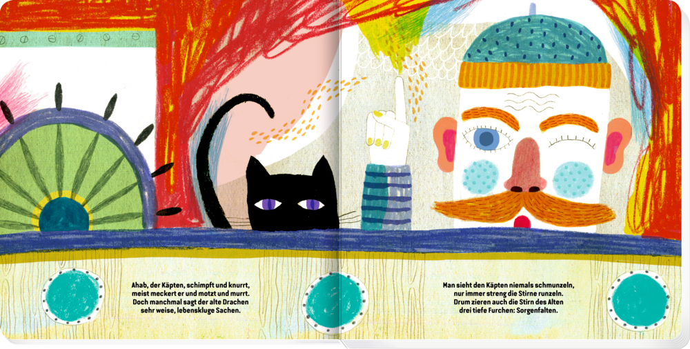 Bunte Katze und schnurrbärtiger Mann mit blauem Hut lugen über eine blaue Fläche, darunter erscheint  Text auf der Doppelseite.