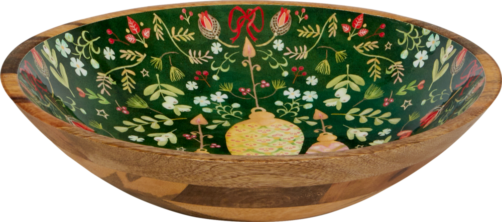 Holzschale mit grüner Innenseite, verziert mit roten, weißen und gelben Blumen- und Pflanzenmustern sowie Weihnachtsornamenten.