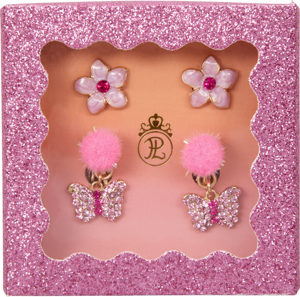 Rosa Glitzerbox mit Blumenohrsteckern und rosa Schmetterlingsohrringen mit Pom-Poms daran.