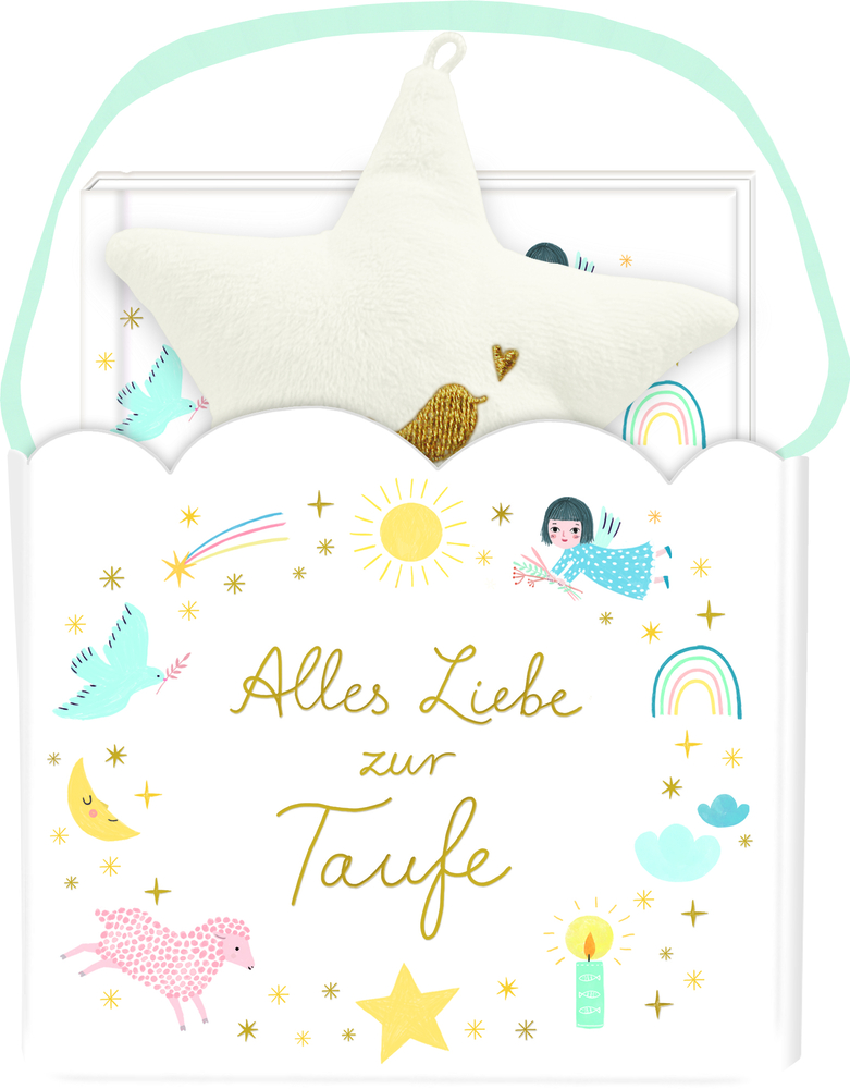Weiße Geschenktüte mit „Alles Liebe zur Taufe“ und pastellfarbenen Sternen, Regenbögen, Engeln und Tieren.