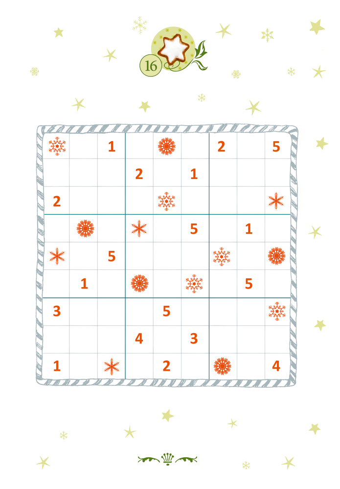 Festliches Sudoku mit orangen Zahlen und Schneeflockenmustern auf einem dekorierten Hintergrund, auf einer Seite.
