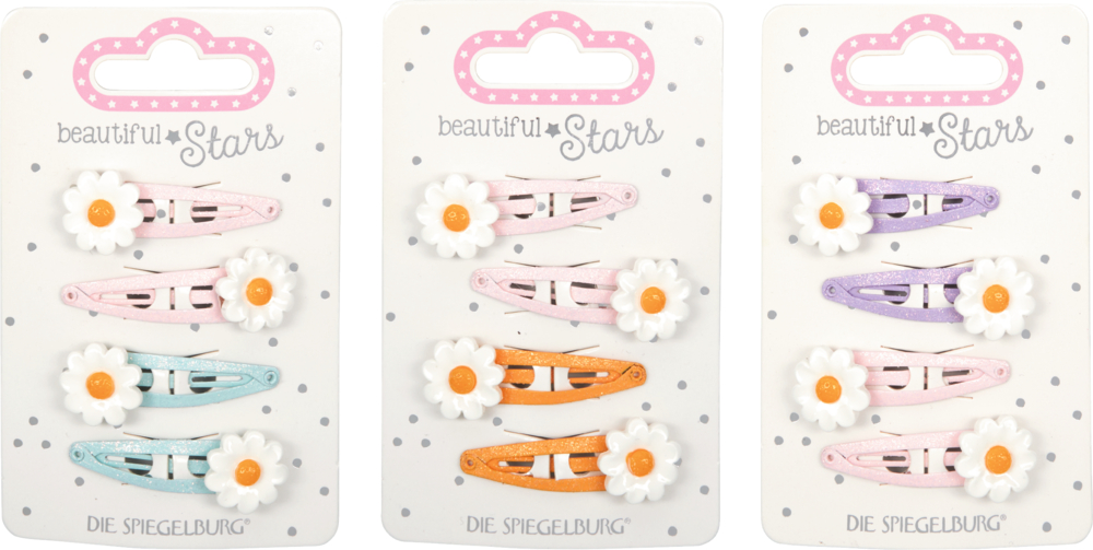 Haarclips Blümchen no.4 - beautiful Stars Drei Sets mit vier Gänseblümchen-Haarklammern in Rosa/Hellblau, Rosa/Orange und Rosa/Lila mit Displaykarte.
