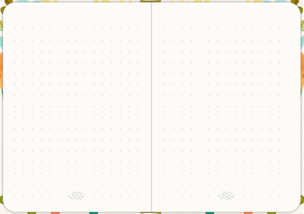 Geöffnetes punktkariertes Notizbuch mit buntem Blumenrand um leere Seiten.