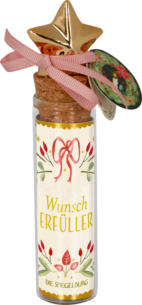 Kleine Glasflasche mit sternförmigem Deckel, rosa Schleife und Etikett mit der Aufschrift „Wunsch Erfüller“.