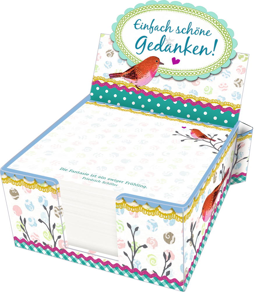 Zettelkästchen - Einfach schöne Gedanken! (Ranke) Dekorative Notizbox mit Vogelillustration und dem Spruch „Einfach schöne Gedanken!“ auf dem Deckel.