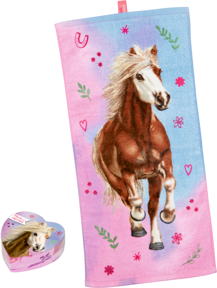 Buntes Handtuch mit einer Pferdeillustration, rosa und blauem Hintergrund, mit Blumen, Herzen und einem Hufeisendesign.