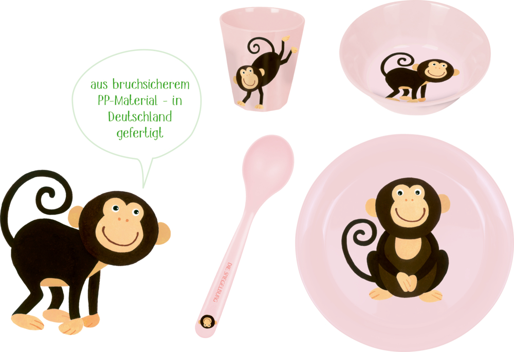 Rosafarbenes Kindergeschirrset mit lächelnden Affenillustrationen und deutschem Text in einer Sprechblase.
