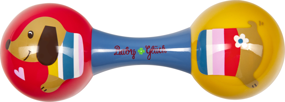 Ein Ende der Rassel mit Dackelbemalung  ist der Kopf, das andere das Hinterteil und die Mitte zum Greifen der Körper.
