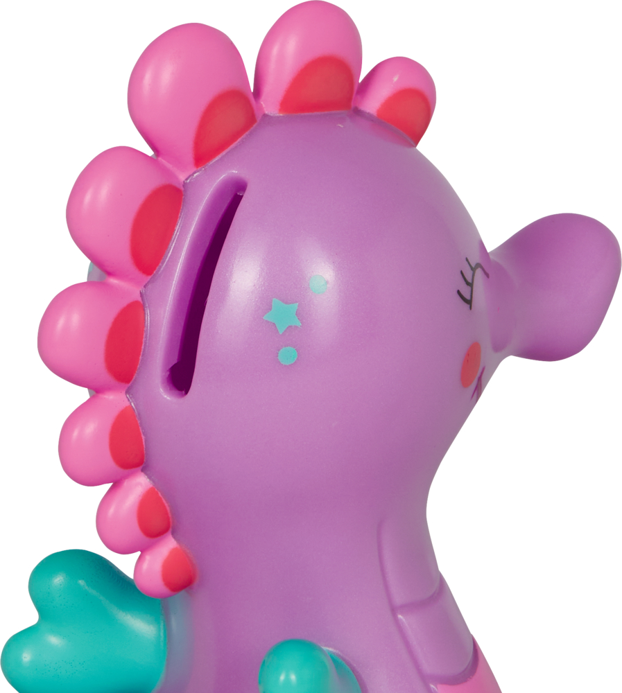 Eine lila Seepferdchen-Spardose mit rosa und türkisfarbenen  Details und einem Münzschlitz auf dem Rücken.