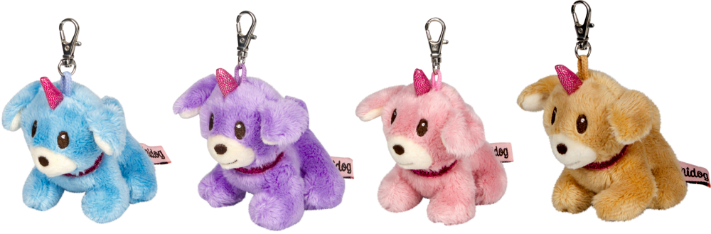 Vier Plüsch-Hund-Anhänger in Blau, Lila, Rosa und Braun, jeweils mit einem kleinen Einhorn-Horn.